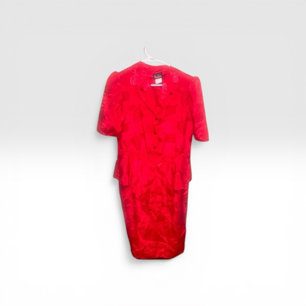 Vintage New Ruby California USA Red Floral Jacquard Dress (Style 394).